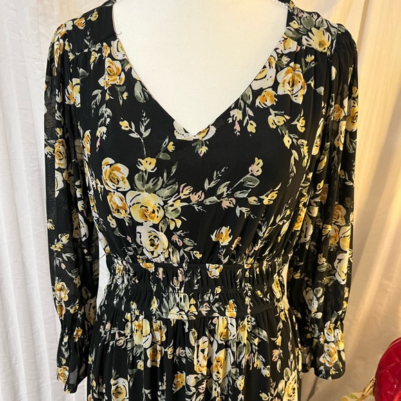 Ember Classy Feminine Spring Summer Black Floral Longsleeve A-line Dress - Picture 3 of 7
